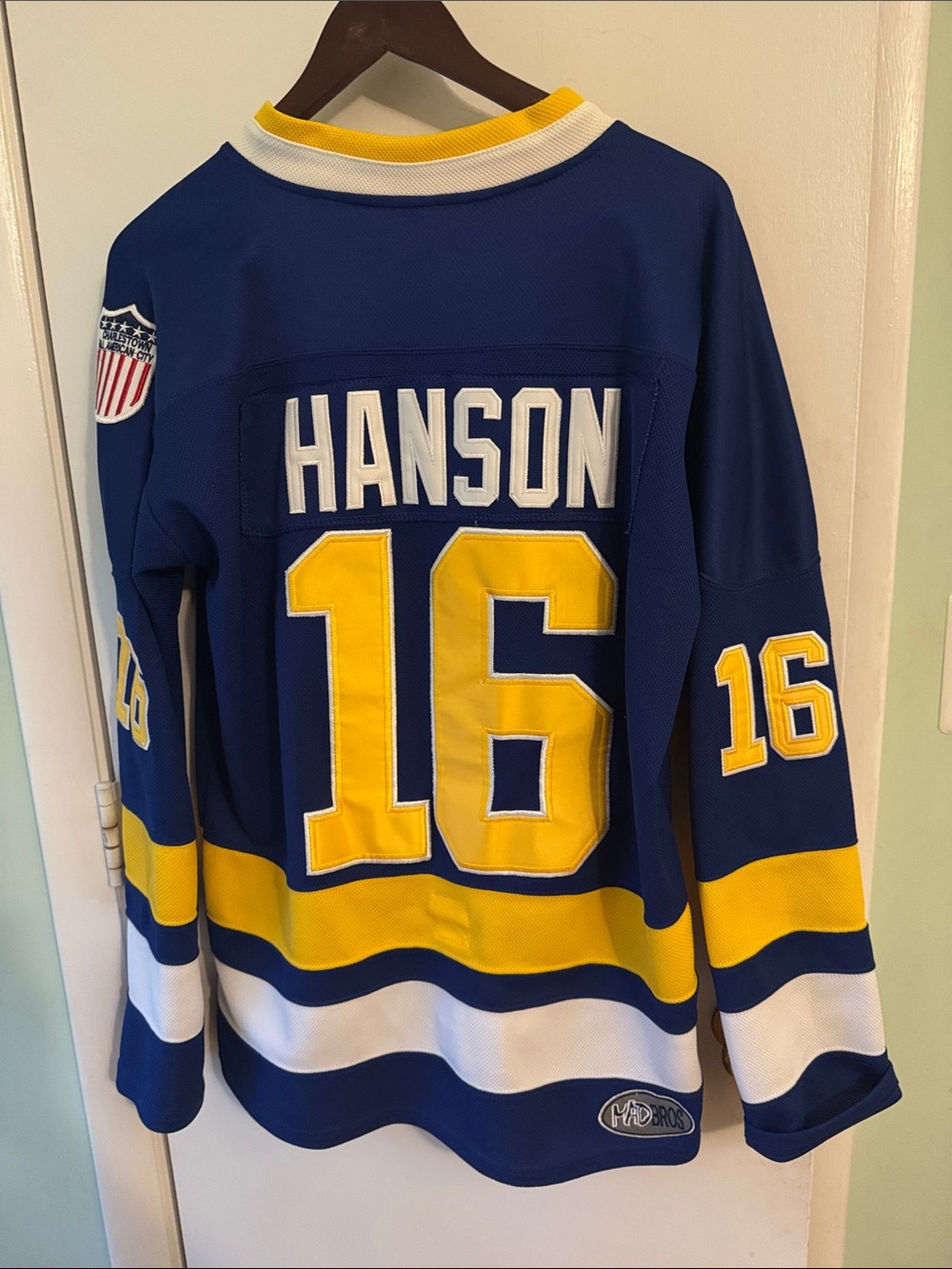 Slap Shot Blue & Yellow Charleston CHIEFS Hanson Brothers Hockey Jersey Sweater